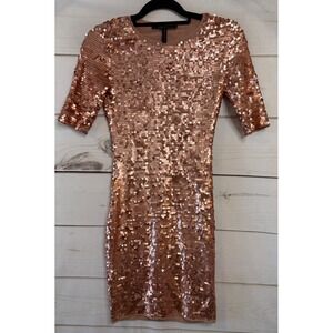 BCBGMAXAZRIA Rose Gold Sequin Bodycon Dress Short Sleeve Pink Gold XS RN80734